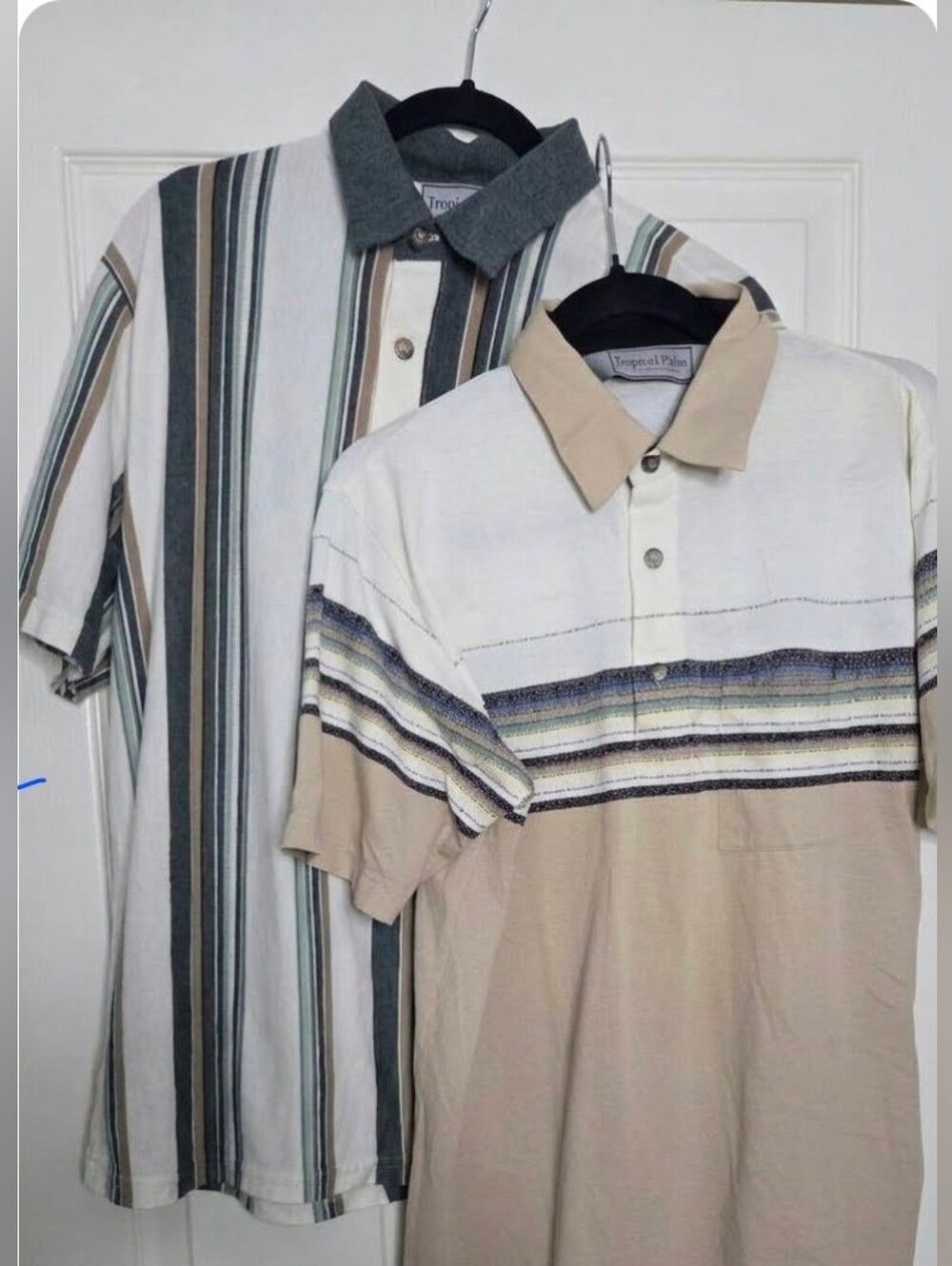 VTG Tropical Palm M Knit Set of 2 Retro 80-90s Striped  Shrtslv Men Polo Shirts